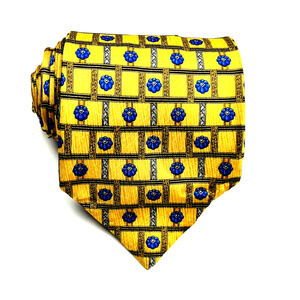 Richel Royal Mens Silk Tie Geometric Medallion Pattern Gold Blue Multicolor